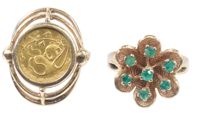 Estate 14kt Gold Panda Coin Ring & Emerald Set Floriform Ring