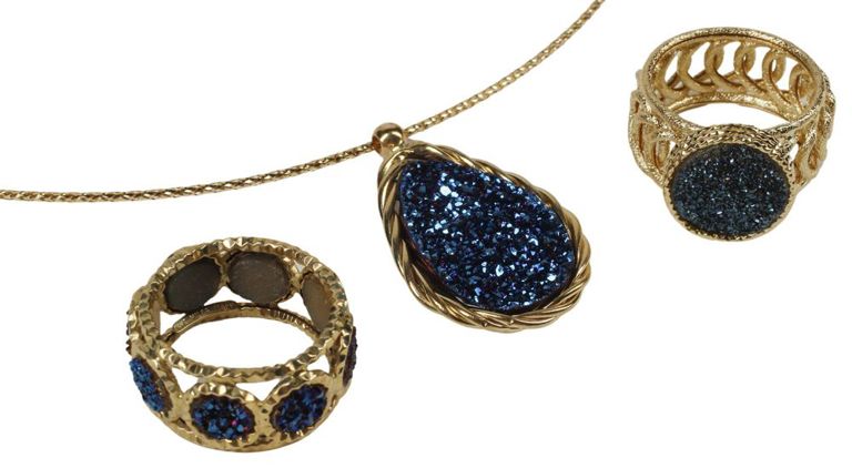 Estate Italian designer 14k yellow gold and blue druzy stone jewelry suite