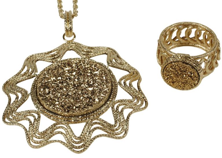 Estate Italian designer 14k yellow gold and druzy stone jewelry suite