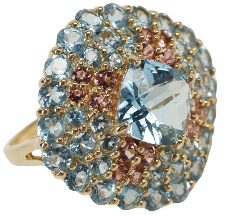 14k yellow gold cocktail ring with blue and pink gemstones