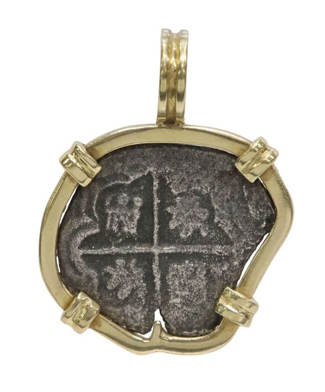 Spanish shipwreck 2 reales silver coin pendant in 18k gold bezel