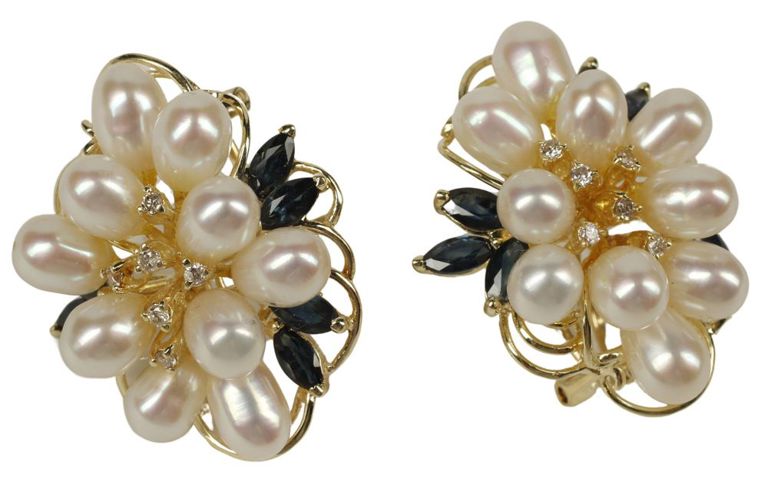 14k yellow gold earrings with pearls, sapphires, and diamonds by S.J. Lau