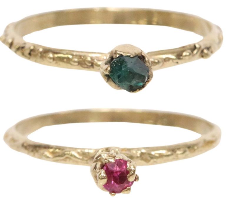 9k gold rings with red and green gemstone charms