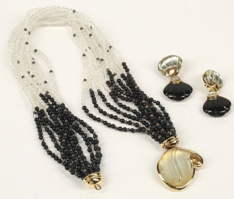 Estate Kai Yin Lo onyx, crystal, and citrine vermeil sterling silver jewelry suite