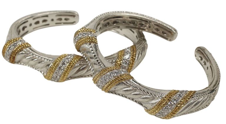 Judith Ripka sterling silver and gold-tone cubic zirconia hinged cuffs