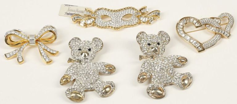 Estate gold-tone metal and crystal rhinestone brooches