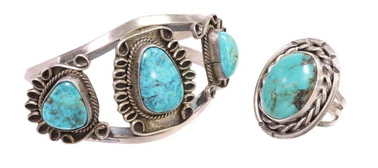 Native American silver and turquoise bracelet and ring