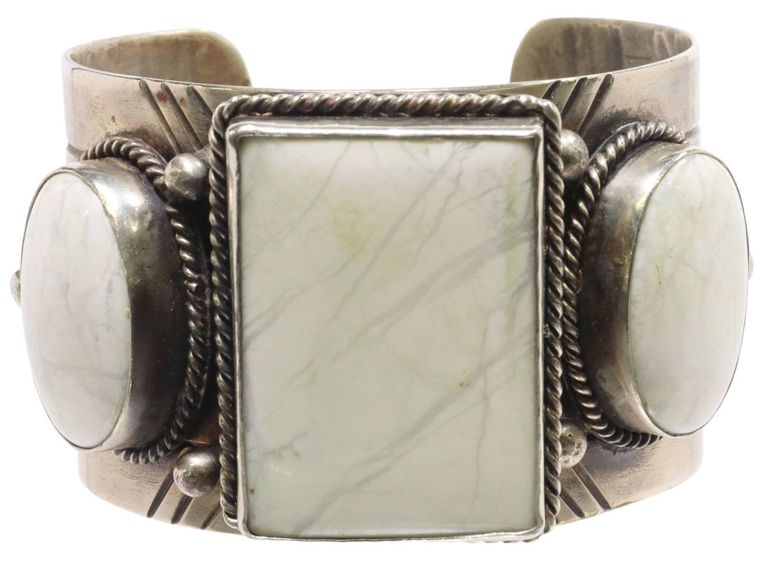 Southwest silver-tone metal and white gemstone cuff bracelet