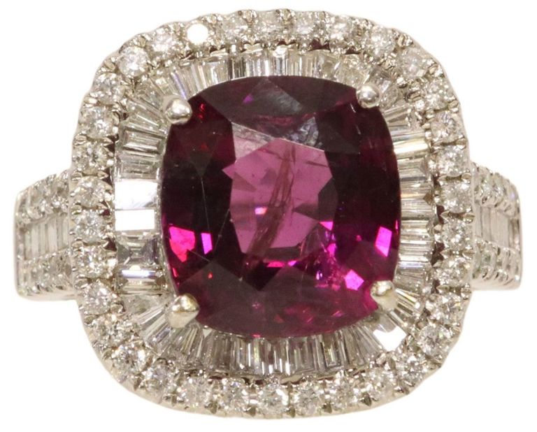 Estate 18k white gold ring with rhodolite garnet and diamonds