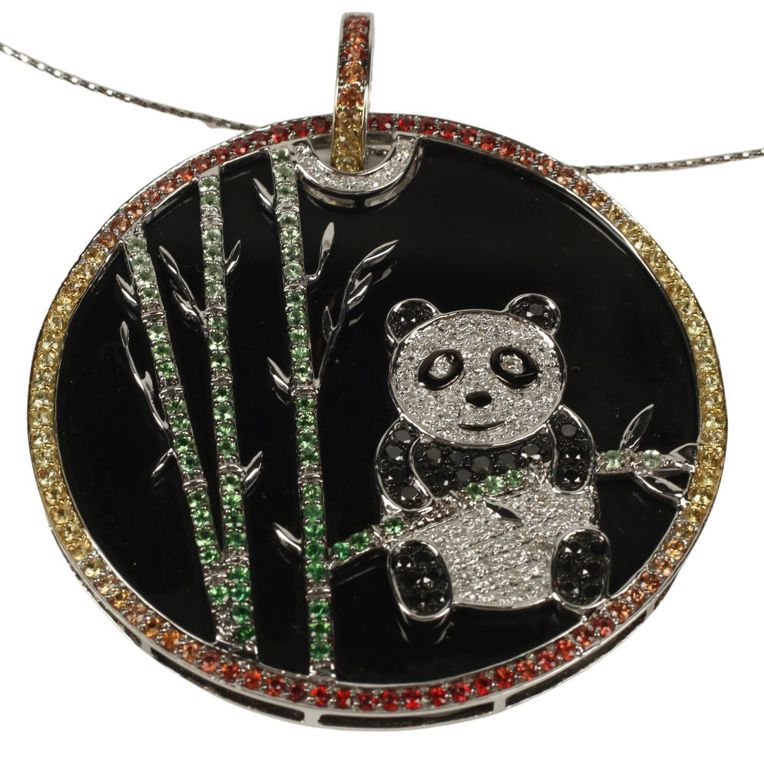 Estate 14k white gold panda pendant with diamonds and gemstones