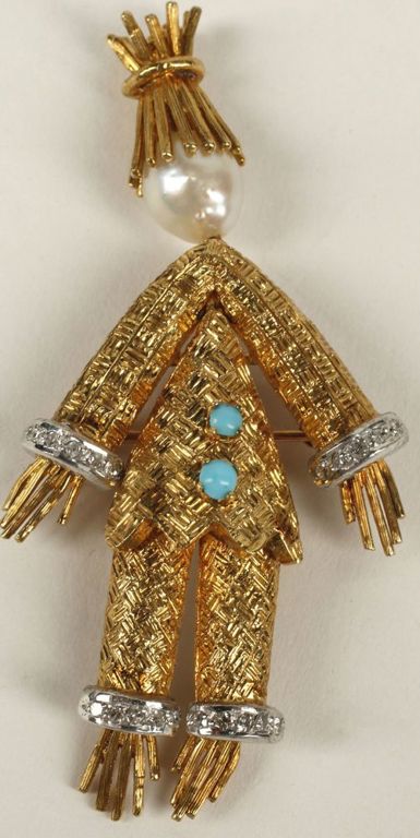 Estate 18k yellow and white gold scarecrow brooch