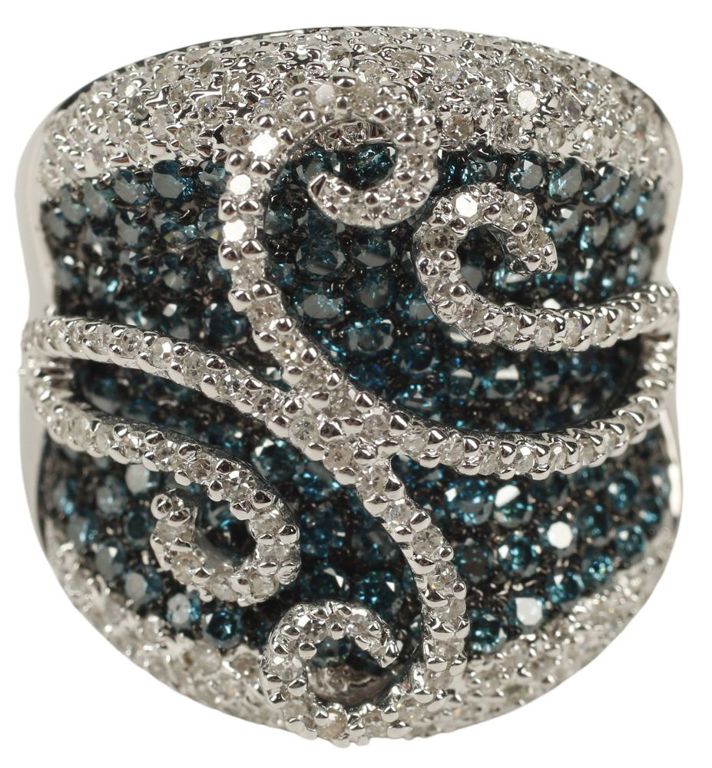Estate 18k white gold ring with blue and white diamonds by SJ Lau