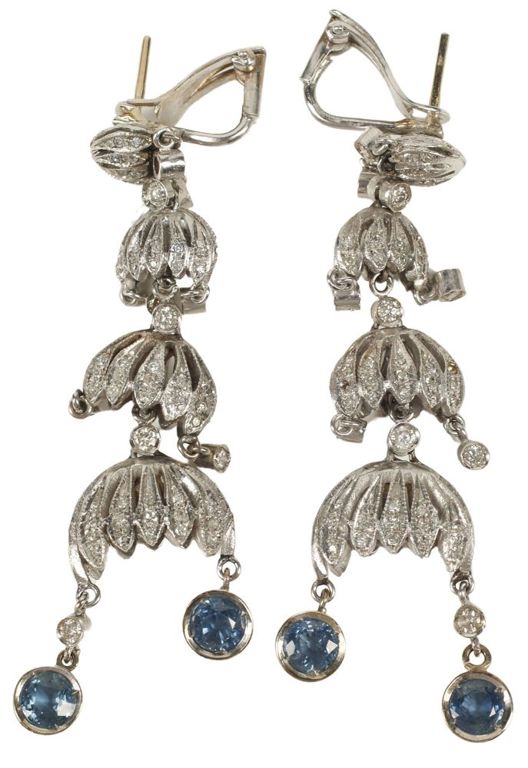 Estate Italian 18k white gold drop earrings with diamonds and blue sapphires