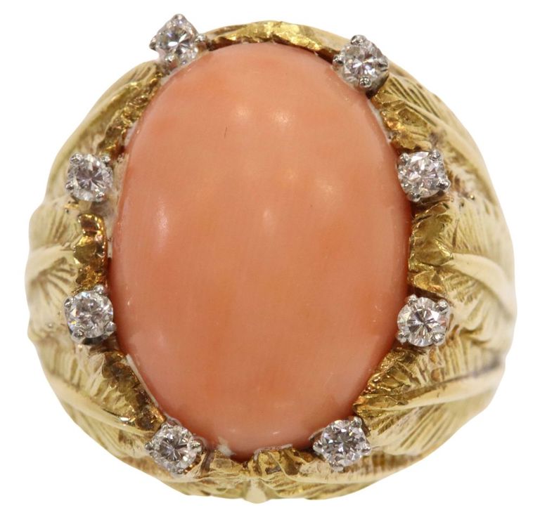 Estate 18k yellow gold ring with angel skin coral and diamonds