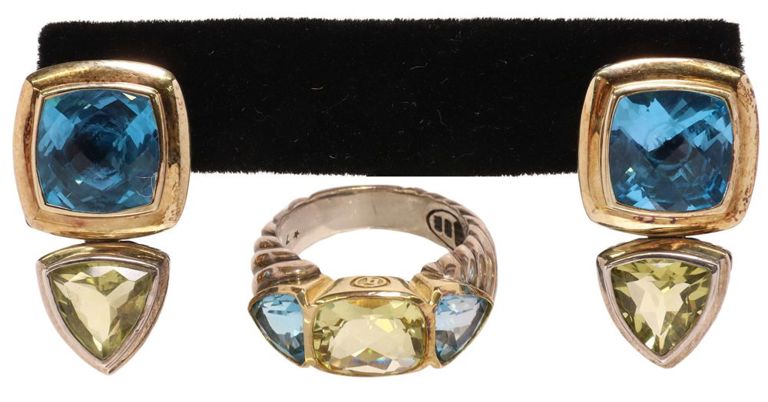 Estate David Yurman blue topaz and citrine ring and earrings