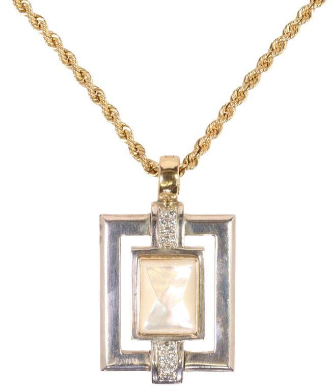 Estate 14k gold and silver mother-of-pearl diamond pendant necklace