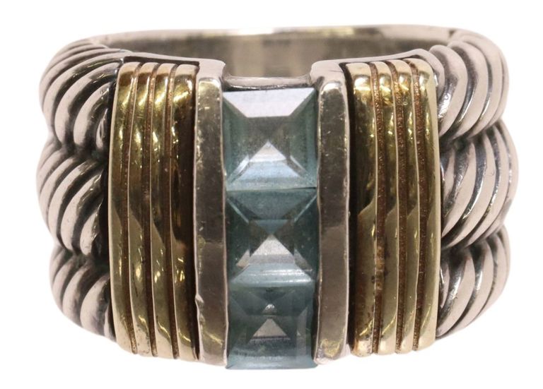 Estate silver and yellow gold blue topaz cable ring