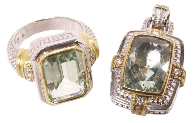 Estate Judith Ripka sterling silver and 18k gold quartz and diamond set