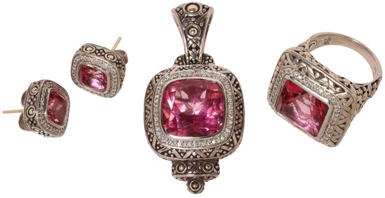 Estate John Hardy 'Batu Sari' pink topaz, sterling silver and 18k gold jewelry suite