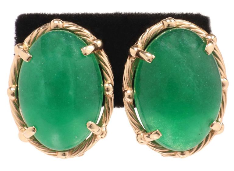 Estate 14k gold cabochon green jadeite earrings