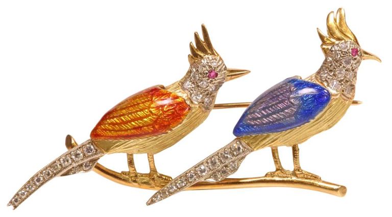 Estate 18k gold enamel and diamond bird brooch