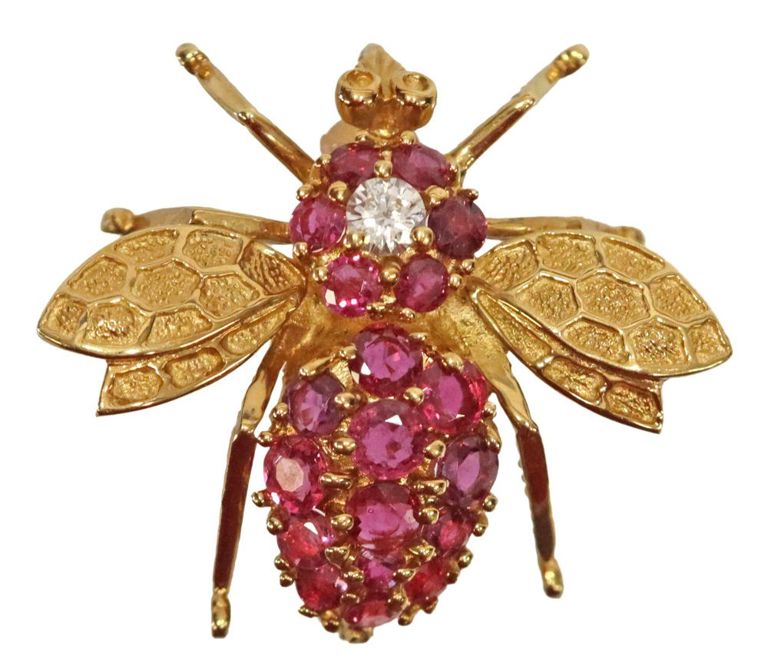 Estate 18k gold ruby and diamond bee brooch