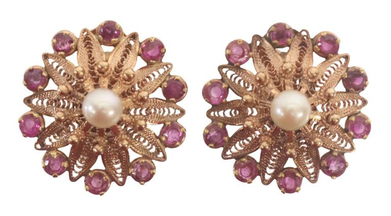 Estate 14k rose gold pearl and ruby filigree earrings