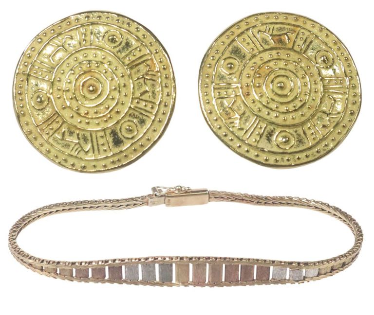 Estate Italian 18k gold coin earrings and 9k gold chain bracelet