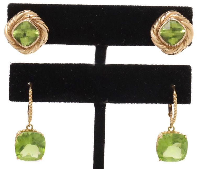 Estate 18k and 14k yellow gold peridot earrings