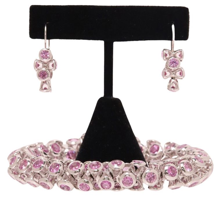 18k white gold pink sapphire bracelet and earrings set