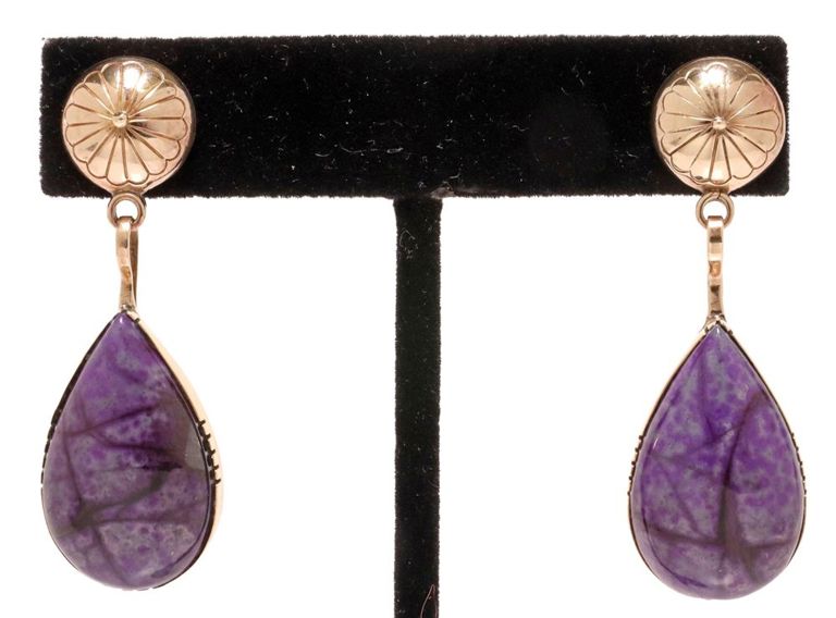 Leo Yazzie Navajo silver-gilt and purple stone drop earrings