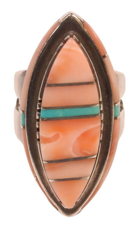 Leo Lando Yazzie Navajo silver, spiny oyster, and turquoise ring
