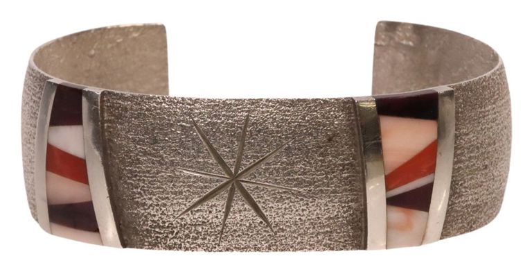 Native American tufa-cast silver and shell-inlaid cuff