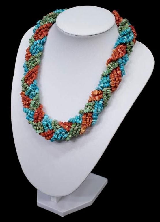 Ladies Woven Red Coral & Turquoise Necklace