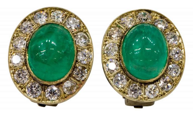 Estate 14kt Gold, Emerald, Diamond Earrings