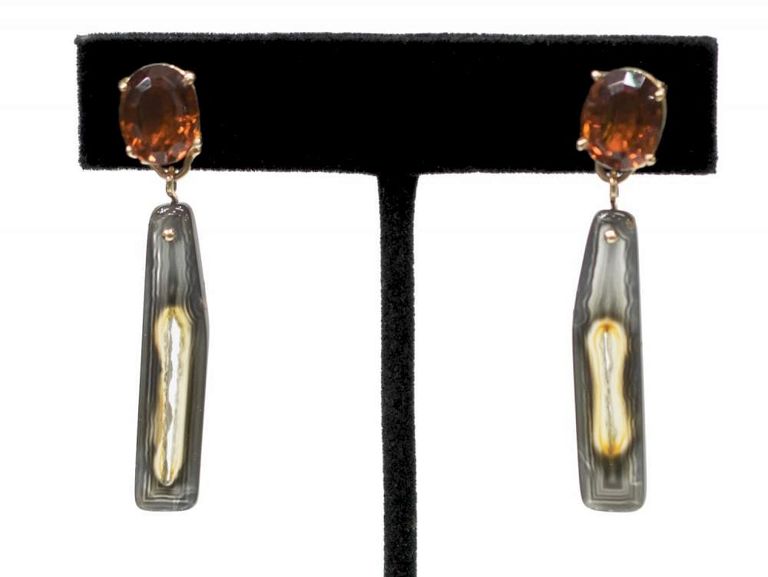 Ladies 14kt Gold, Citrine & Agate Pendant Earrings