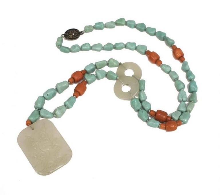 Chinese Turquoise, Coral & Stone Long Necklace