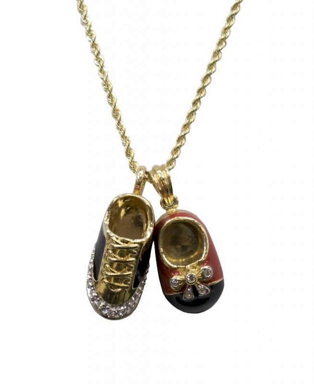 14kt Enamel & Diamond Baby Shoe Charms & Necklace