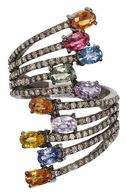 Ladies Multi-Color Sapphire, Diamond, Silver Ring