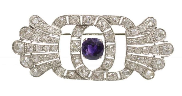 Estate Platinum, Amethyst, Diamond Brooch