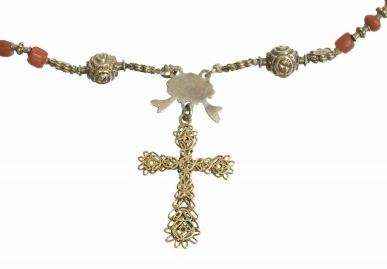 Antique 18kt & 14kt Gold & Red Coral Necklace With Cross