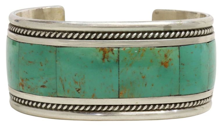 Tony Aguilar Jr. Santo Domingo Inlaid Silver Cuff