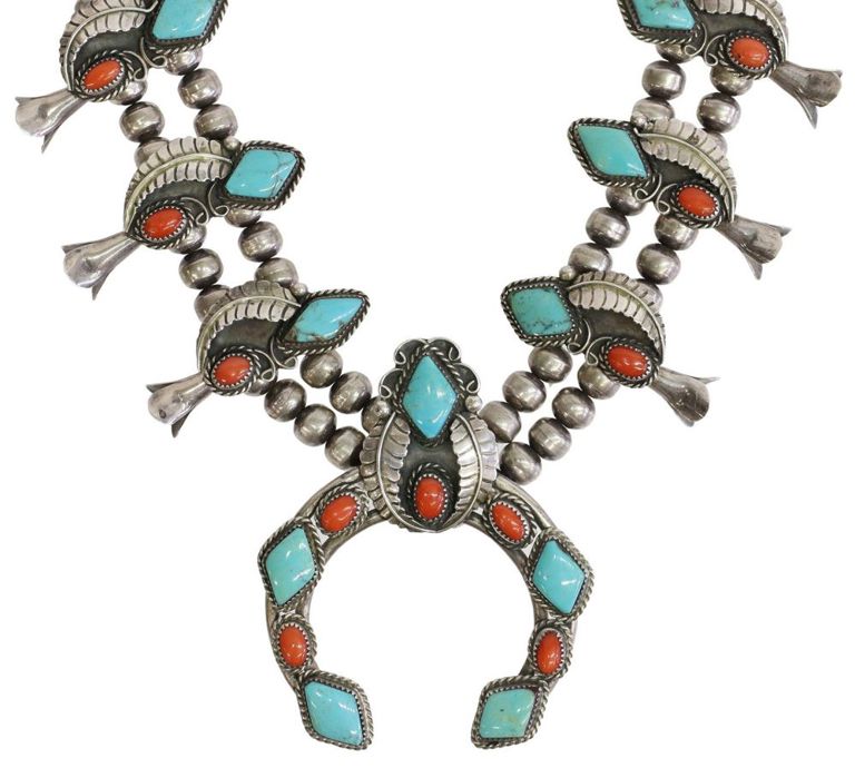 Native American Turquoise & Coral Squash Blossom