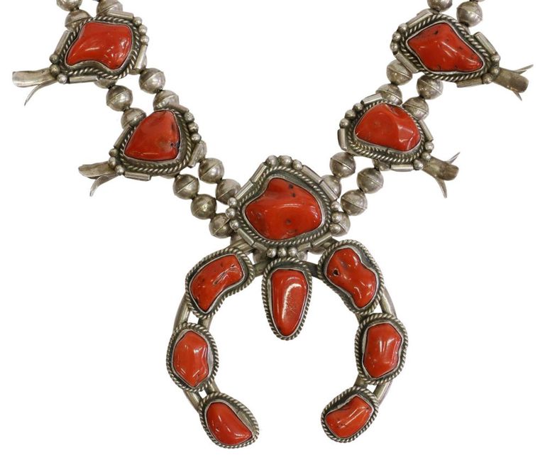 Native American Red Coral Squash Blossom Necklace