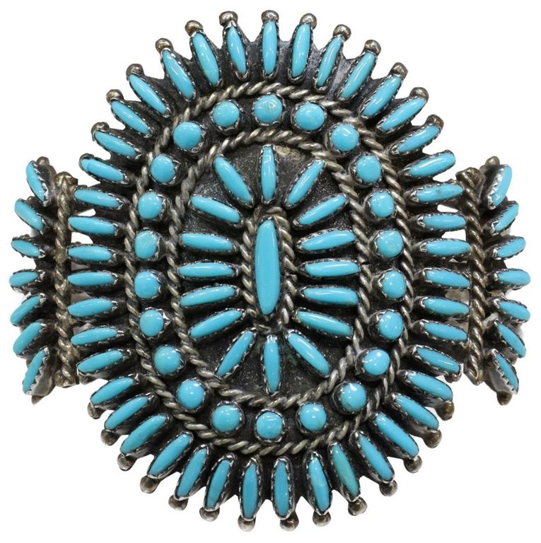 Native American Petit Point Turquoise Silver Cuff