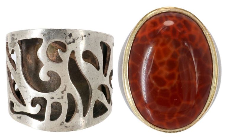 Carved Wood & Mexican Sterling Silver Rings