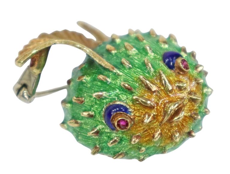 Estate 18k Yellow Gold & Enamel Pufferfish Brooch