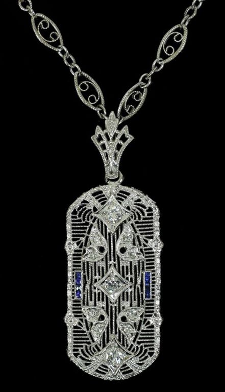 Art Deco Style 14k Wg Diamond Lab Sapphire Pendant