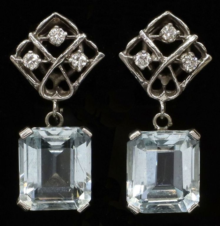 Estate 14k Wt Gold Aquamarine Diamond Earrings