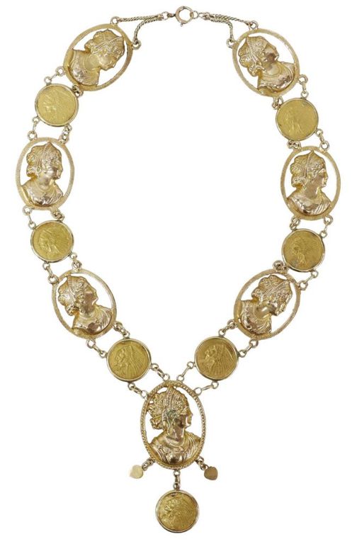 Estate 14kt Portrait & Gold Coin Station Necklace